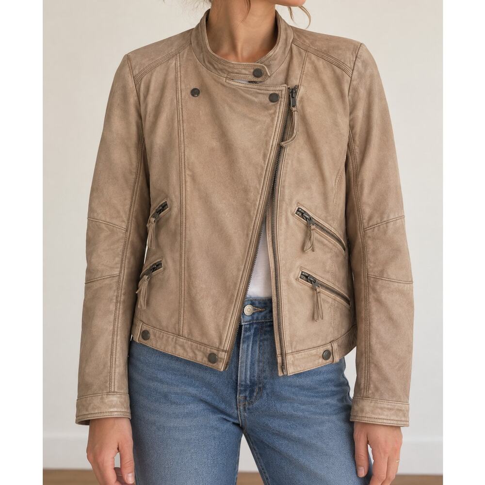 Sundance Women’s Size 14 Tan Leather Moto Jacket Distressed Biker Motorcycle L